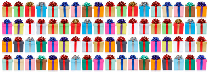 Colorful christmas presents background banner birthday gifts isolated on white