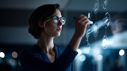 Professional woman using digital interface for data analysis in modern workspace