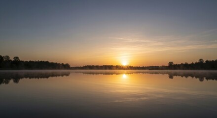 Fototapeta premium Sunrise over a calm lake, hazy morning light reflects on the water. Silhouettes of trees line the shore