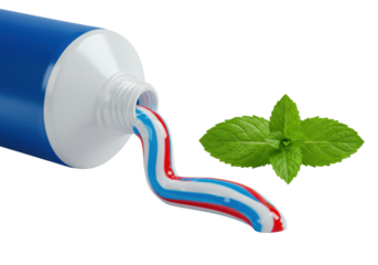 A sleek, glossy blue toothpaste tube with a matte white cap, beside a viscous wavy stripe of white, red, and blue gel and a green mint leaf on a seamless transparent background. Concept of oral