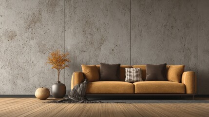 A stylish living room features a mustard yellow sofa with pillows. A small decorative tree and vases complement the minimalist decor against a textured wall