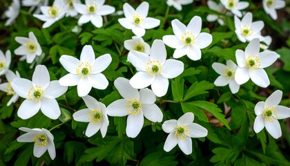 A high-angle view of a patch of delicate, white flowers with yellow centers and vibrant green leaves, creating a beautiful nature background. 