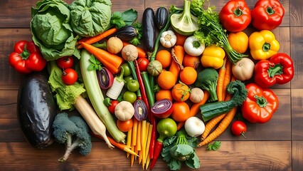 Fresh vegetables arranged in heart shape on rustic wooden table with warm natural tones and soft lighting.