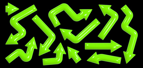 A vibrant collection of glossy three-dimensional arrows showcases different shapes like zigzags, curves, and L-shapes, creating a sense of direction and dynamic movement.
