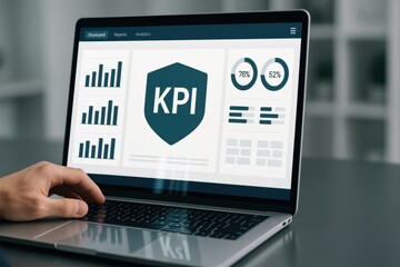 Laptop with KPI analytics dashboard showing charts and metrics
