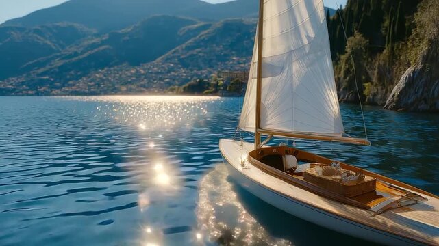A couple sails a small boat on a lake with sails flapping water rippling a picnic basket on board and a breeze blowing presented in a tranquil photo with sail fabrics water