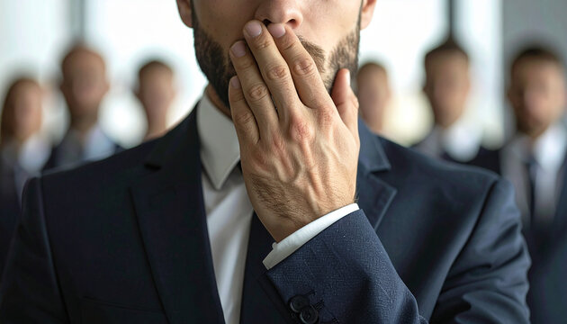 Silent struggle in leadership shown by businessman thoughtful gesture in formal office environment with colleagues in background