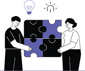Teamwork Collaboration Illustration with Puzzle Pieces and Light Bulb Idea Concept