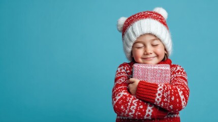 A joyful child wearing a bright red sweater and a cozy hat holds a wrapped gift close, capturing the excitement of the winter holiday season against a blue background