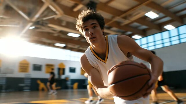 A group of sophomores plays basketball in a noisy gym with sneakers squeaking scoreboards ticking cheerleaders practicing in the corner and a coach shouting plays depicted in
