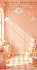 Whimsical dessert display cozy kitchen 3d render bright environment soft lighting sweet concept