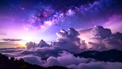 A dramatic, surreal landscape of vibrant purple and white clouds below a starry, cosmic night sky, with distant mountains silhouetted in the foreground.