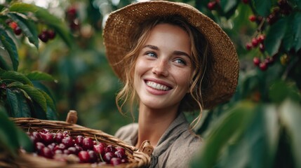 A woman gathers ripe cherries in a basket while enjoying her time in a vibrant orchard. Her bright smile reflects the happiness of the harvest season on a beautiful sunny day