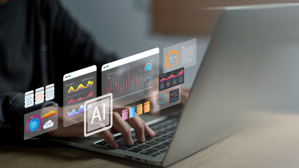 Close-up of hands typing on laptop with AI digital dashboards, symbolizing AI business analysis, big data insights, machine learning, and predictive analytics for smart decision making.