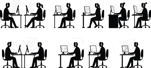 Remote customer support team working with headsets, computer screens glowing, call center agents at desks, virtual assistance, digital communication workspace.