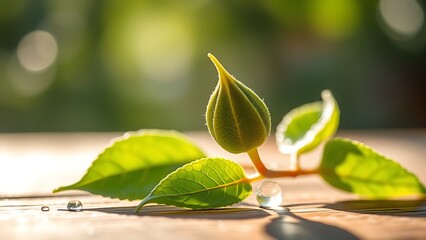 Macro shot of fresh tea leaves with morning dew on wooden surface under directional sunlight.