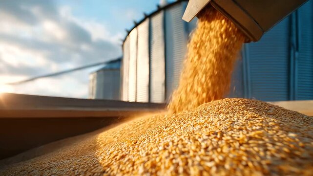 A silo is filled with oats in a busy harvest season with augers churning trucks lining up dust swirling in the evening light and workers shouting over the noise shown in a cha