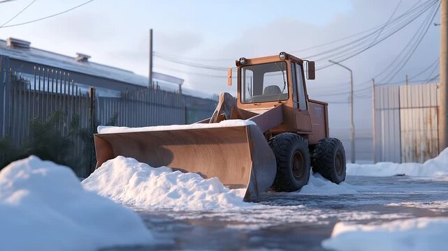 A snowplow its cab rusted clears a school lot its asphalt cracked with ice. Snow mounds their texture lumpy pile near a metal fence its bars bent. A leather glove its seams