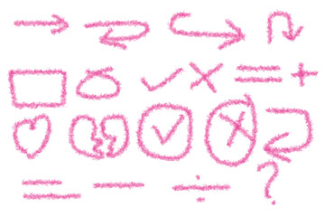 Collection of pink handdrawn doodle icons isolated on transparent background