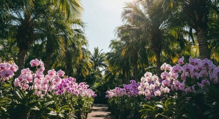 Tropical orchid garden path, sunlight filters through palm trees