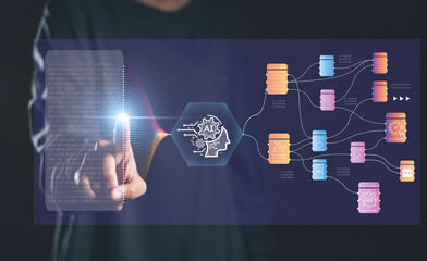 AI-driven workflow data visualization businessman activating process, representing artificial intelligence, automation, big data processing, and smart workflow optimization for business operations.