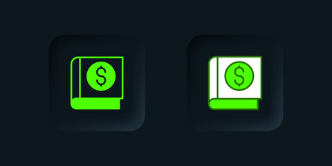 Green Financial book icon isolated on black background. Black square button. Vector