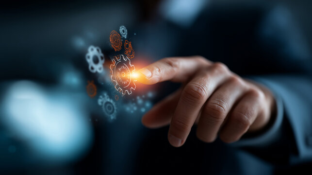A professional touches a screen with business strategy icons like teamwork and innovation hyper realistic symbols with clear details moody shadows on a digital interface bright