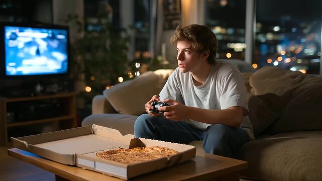 A teenager slouches on a worn couch its fabric frayed in a dimly lit living room captivated by glowing television screens streaming a gaming tournament. A plastic controller