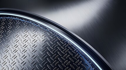 Half-circle brushed steel with embossed diamond plate texture and glowing rim light provides a futuristic industrial feel for stage design, sci-fi UI, or 3D modeling.