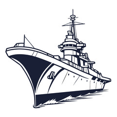 Stylized illustration of a large warship sailing through choppy waters with a white background