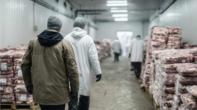 Workers in protective clothing walking through cold storage with stacks of frozen meat on pallets