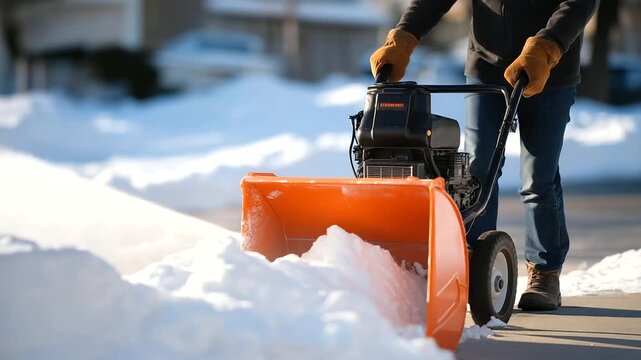 A worker their boots crunching operates a snowblower on a suburban sidewalk the machine&rsquo;s engine humming. Snow sprays its flakes powdery into a pile its edges uneven. A leath