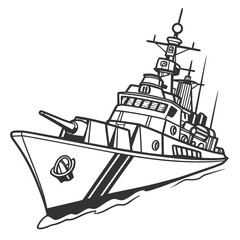 A detailed black and white line drawing illustration of a modern warship sailing through the ocean waves