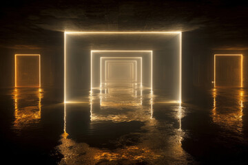 Futuristic glowing tunnel with illuminated square frames