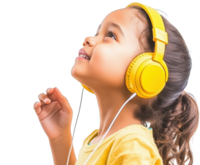 Joyful Child Enjoying Music with Bright Yellow Headphones While Looking Upwards in Delight and Wonder on transparent background