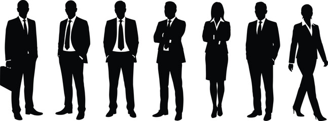 Silhouettes of business professionals, men and women in formal attire, standing and walking, teamwork, leadership, corporate success, isolated