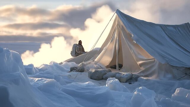 An explorer their parka flapping signals with a flare its casing dented on an ice ridge. A canvas tent its fabric taut flaps nearby. A backpack its straps frayed spills