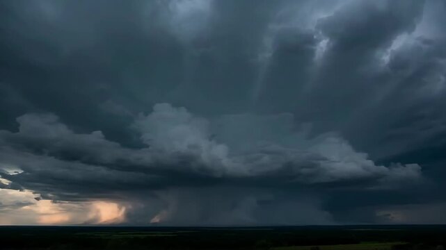 Dramatic storm clouds rolling in over vast landscape, creating a moody and atmospheric scene perfect for nature documentaries or weather reports