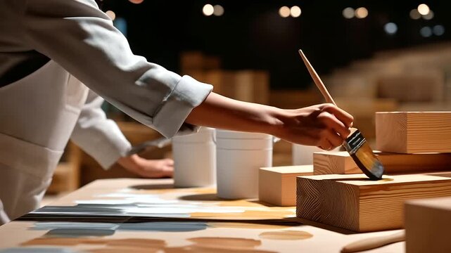 An intern paints sets for a theater production in a workshop with brushes dipping wood planks stacked paint cans open and scripts lying nearby depicted in a creative photo with