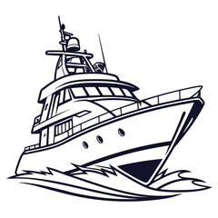 Sleek luxury yacht cruising through stylized waves in a bold black and white graphic illustration