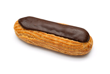 One french eclair with chocolate on a white background