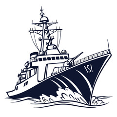 Modern warship with gun and radar sailing through choppy blue ocean waves in a stylized illustration