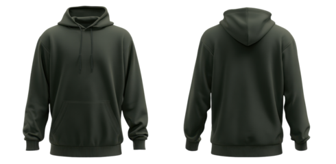 Stylish Dark Green Hooded Sweatshirt Showcasing Both Front and Back Designs in a Minimalist Fashion Setting with a Soft, Cozy Texture on transparent background