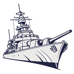 Stylized illustration of a powerful warship with large cannons and a commanding presence on a white background © md shuvo1122
