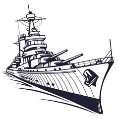 Stylized illustration of a powerful warship with large cannons sailing through the water