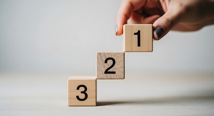 Hand stacking wooden blocks numbered 123 in ascending order numbers counting
