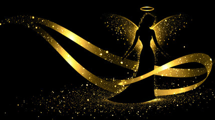 Glittering golden angel silhouette with halo,halo sparkle, gentle particle