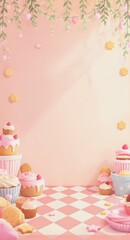 Baking event colorful cupcakes display kitchen digital illustration cheerful environment overhead view sweet treat concept