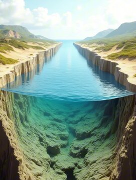 Illustrated cross-section of channel water with submerged rock layers