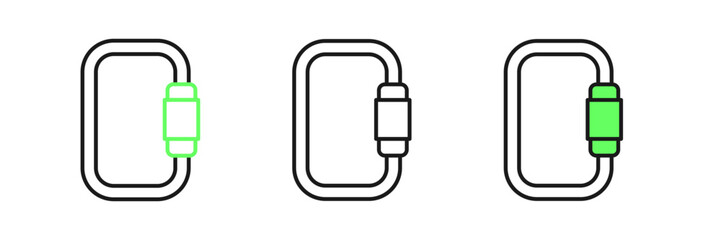 Set line Carabiner icon isolated on white background. Extreme sport. Sport equipment. Vector